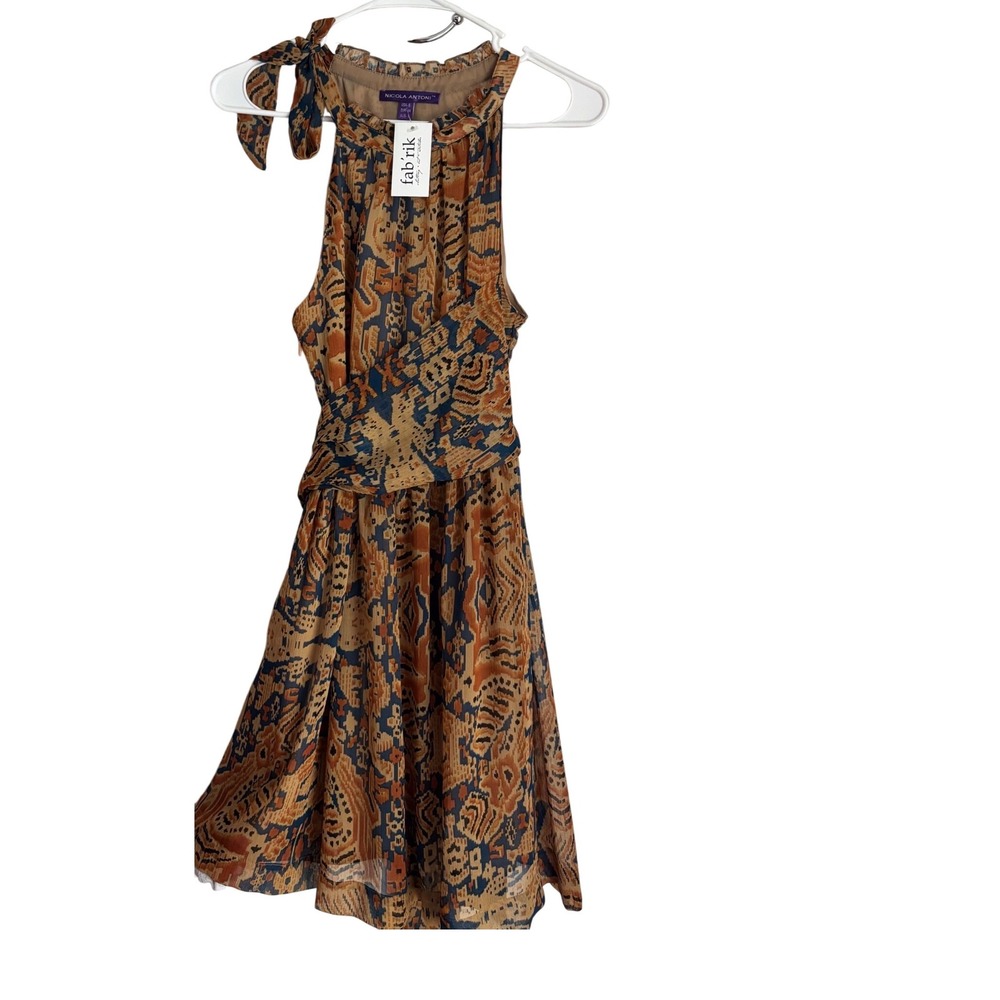 Nicola Antoni‎ Fabrik Dress Brown Blue Print Sleeveless Halter Ruffle Size S
